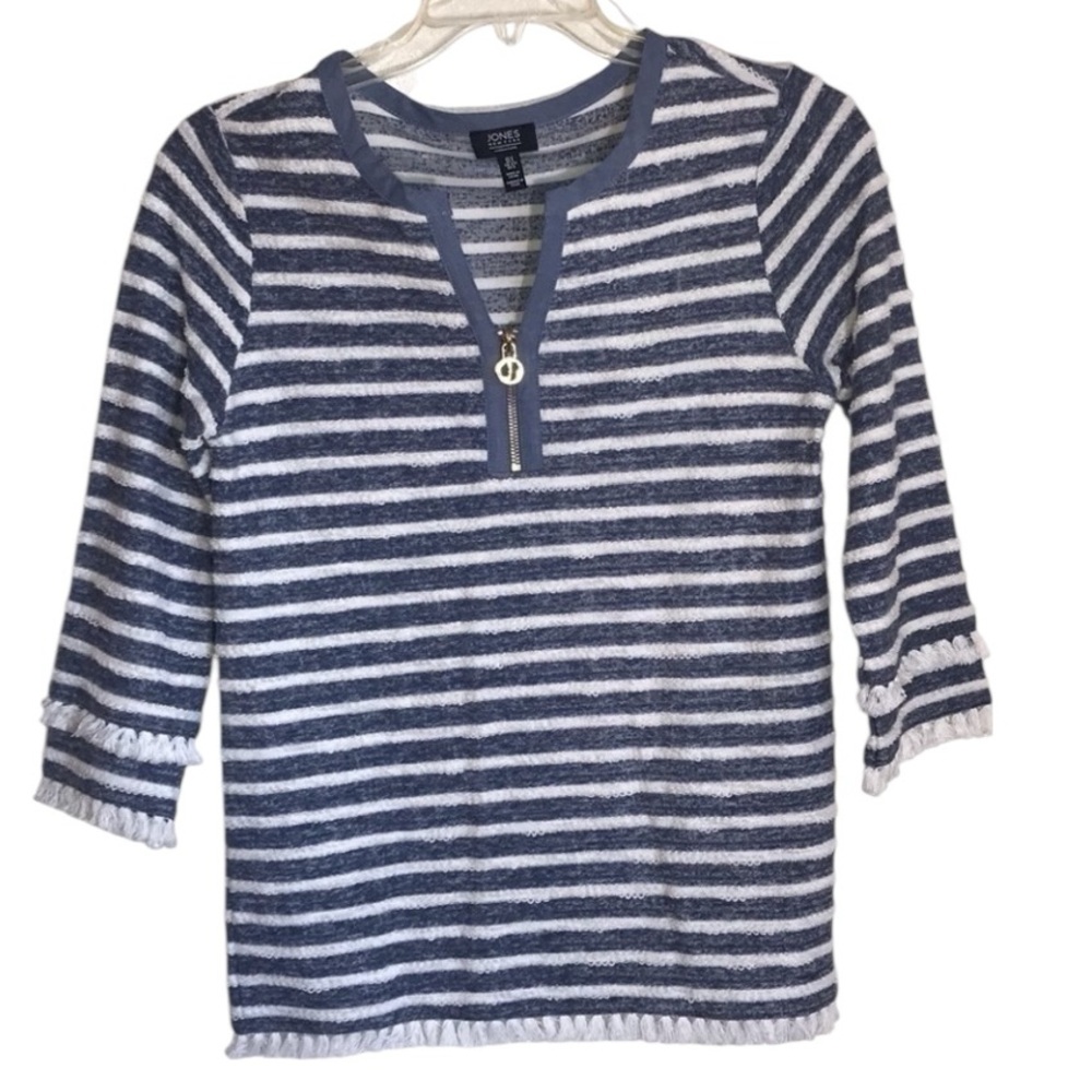 Jones New York signature striped 1/4 zip fringed sweater.Size small GUC